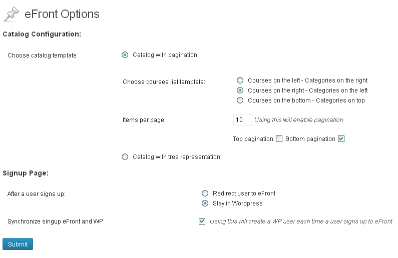 eFront options page -  Customizing templates for catalog and signup page